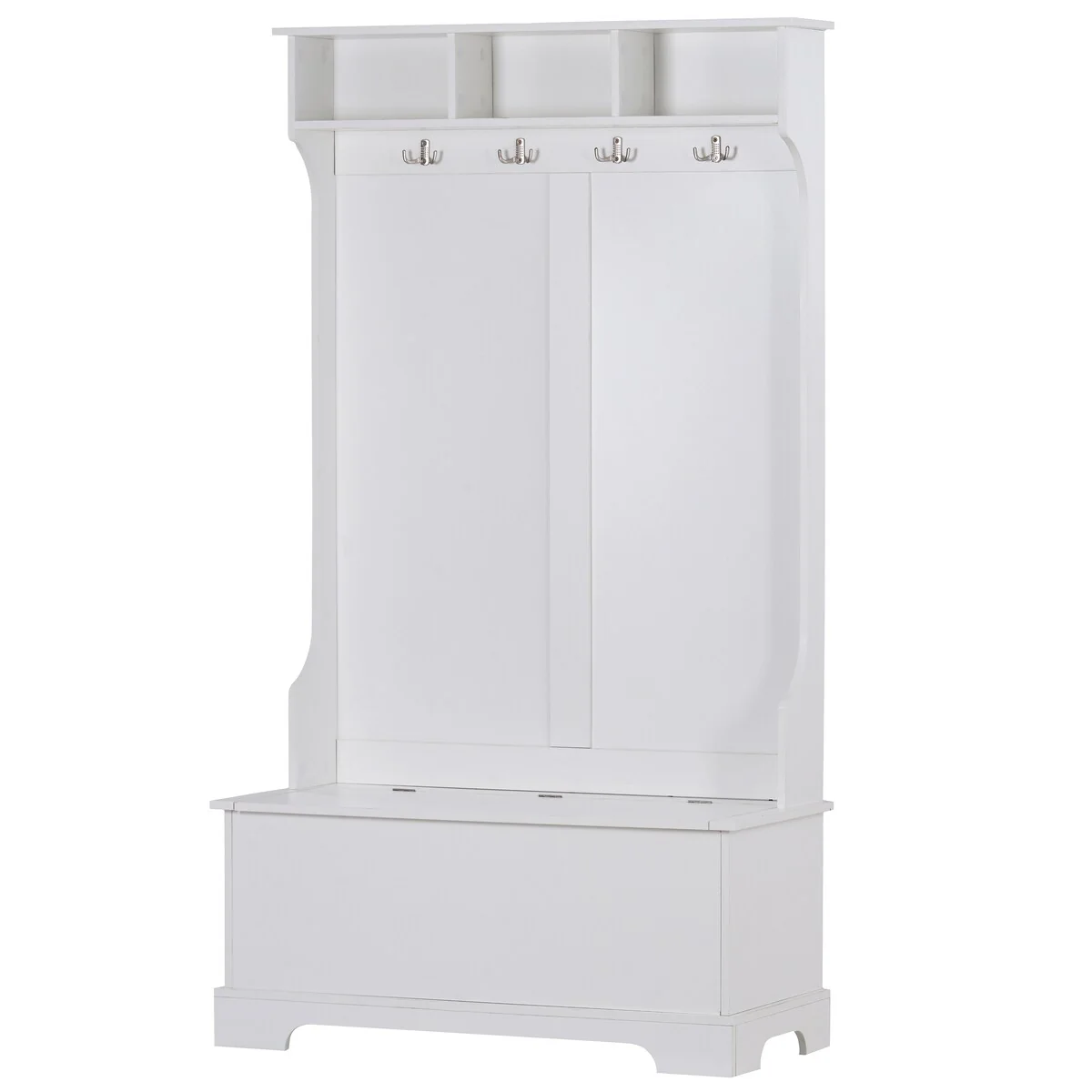 White Hall Tree with 4 Hooks and Hinged Lid, Coat Hanger， Storage Bench