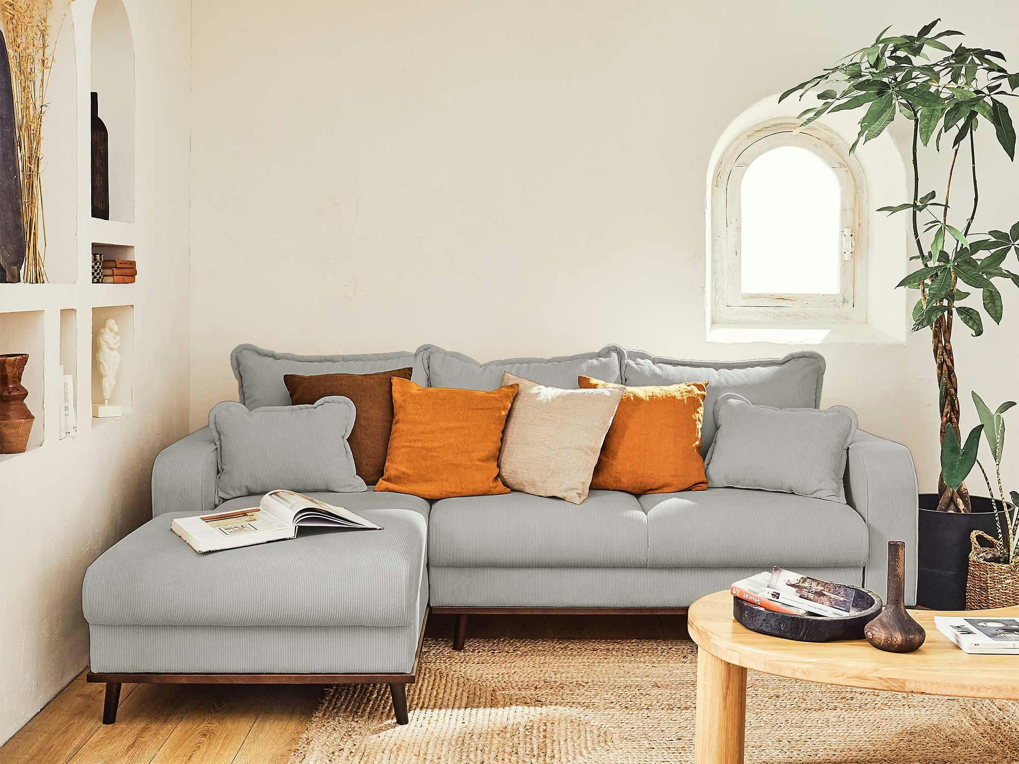 BILLIE - Canapé d'angle gauche convertible 4 places en velours côtelé gris