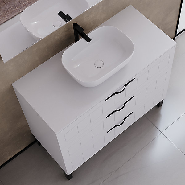 Meuble de salle de bain 100cm avec plateau et vasque à poser ovale - 3 tiroirs - sans miroir - blanc - CALA