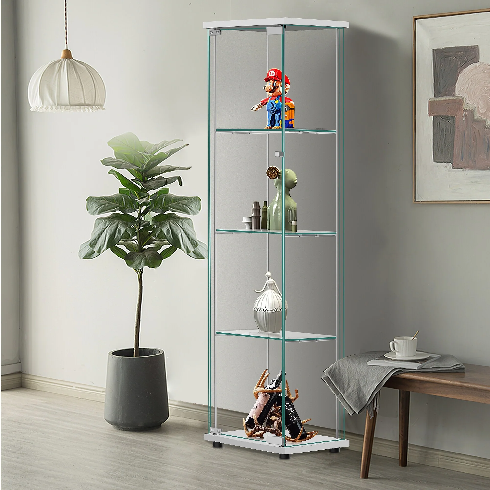 Modern Tempered Glass Bookshelf with Glass Doors Curio Display Cabinet