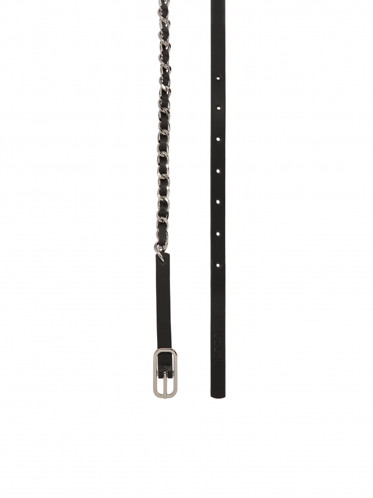 Narrow leather belt with metal chain
