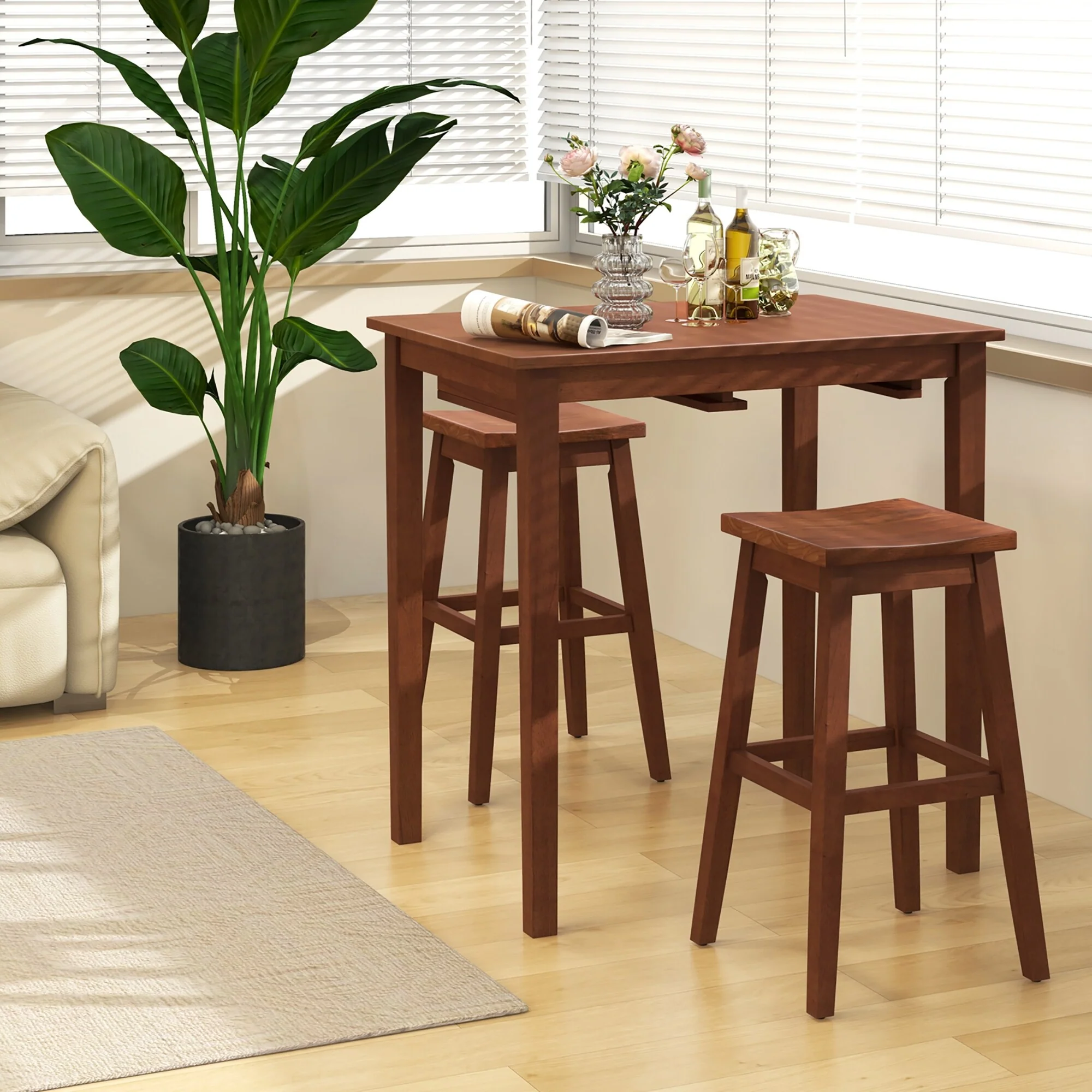 Gymax 3 PCS Bar Table Set w/ 1 Table 2 Bar Stools Wood Veneered