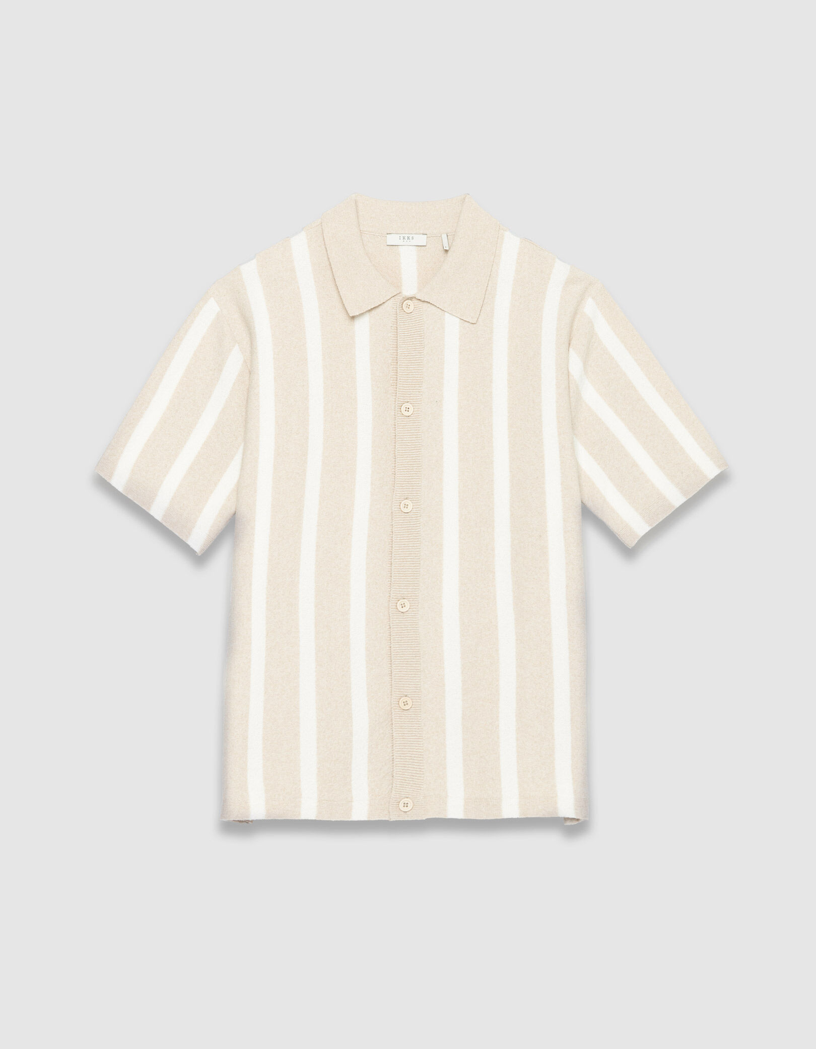 Chemise manches courtes beige tricot larges rayures Homme
