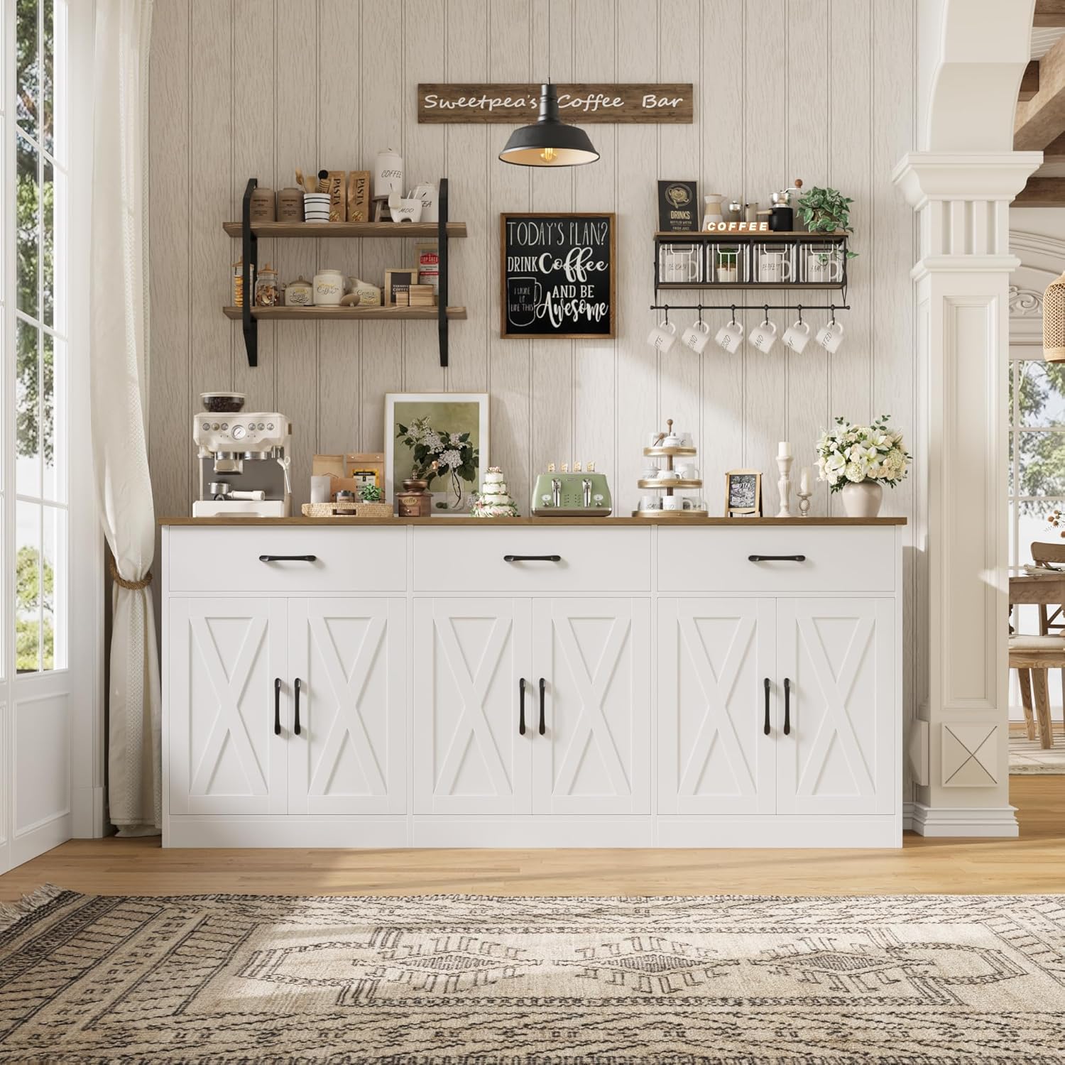HOSTACK 71 Large Sideboard Buffet Cabinet with Storage, Farmhouse Coffee Bar Cabinet with 3 Drawers, Long Kitchen Buffet Table, Kitchen Sideboard Storage Cabinet for Dining Room, Living Room, White