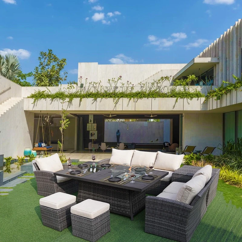 7-Piece Patio Sofa Set with Firepit and Ice Container Dining Table