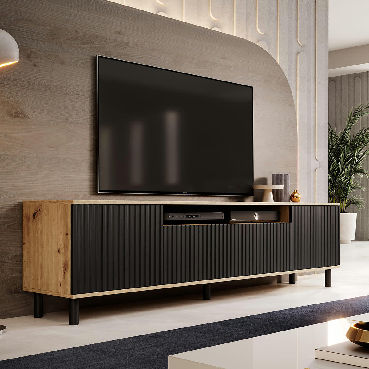 - Meuble TV 3 portes 200 cm stratifiés, métal naturel et noir