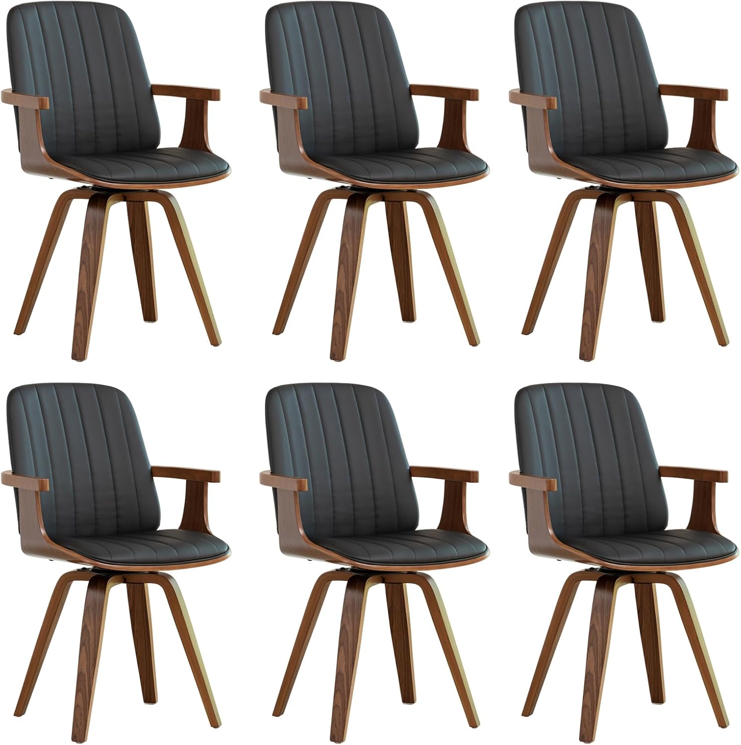 WUPOTO Swivel Dining Chairs, Set of 6 Kitchen Swivel Chairs with Walnut Craftsmanship, Upholstered Faux Leather, Wooden Arms and Legs, Walnut Dining Chairs for Kitchen/Living Room - Black