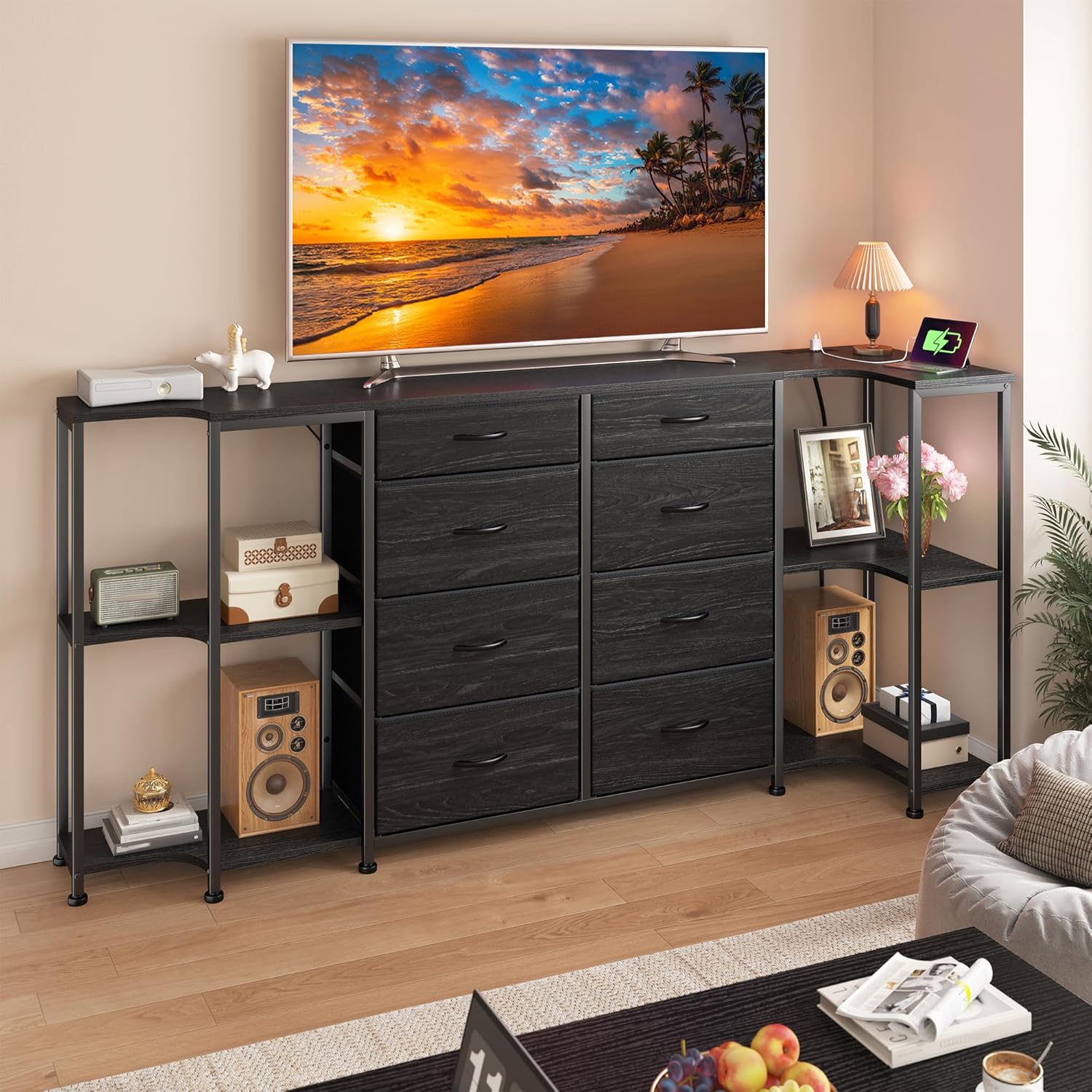 8 Drawer Dresser for Bedroom with Charging Station,3 Configurations (U/L/Linear), Fits 55/65/75''TV,Large TV Stand with 5 Wooden Storage Shelves,Entertainment Center for Living Room,Hallway,Black