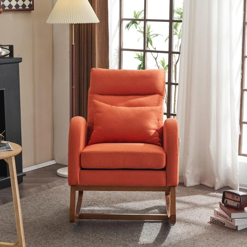 Accent Rocking Chair, Upholstered Nursery Glider Rocker, Orange and White