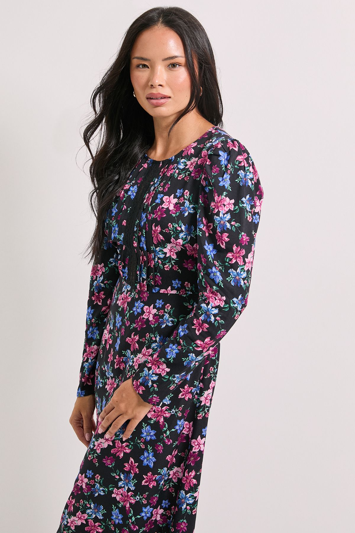 Dorothy Perkins Black Floral Lace Detail Long Sleeve Printed Midi Dress