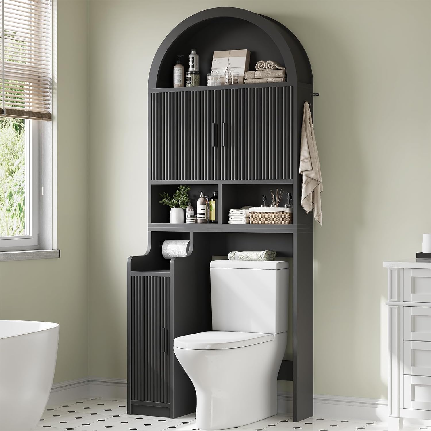 Itaar Arched Over The Toilet Storage Cabinet, 78.7 H Fluted Bathroom Organizer with Reversible Side Cabinet, Adjustable Shelves, Anti-Tipping, Hooks & Paper Holder for Bathroom Laundry Room, Black