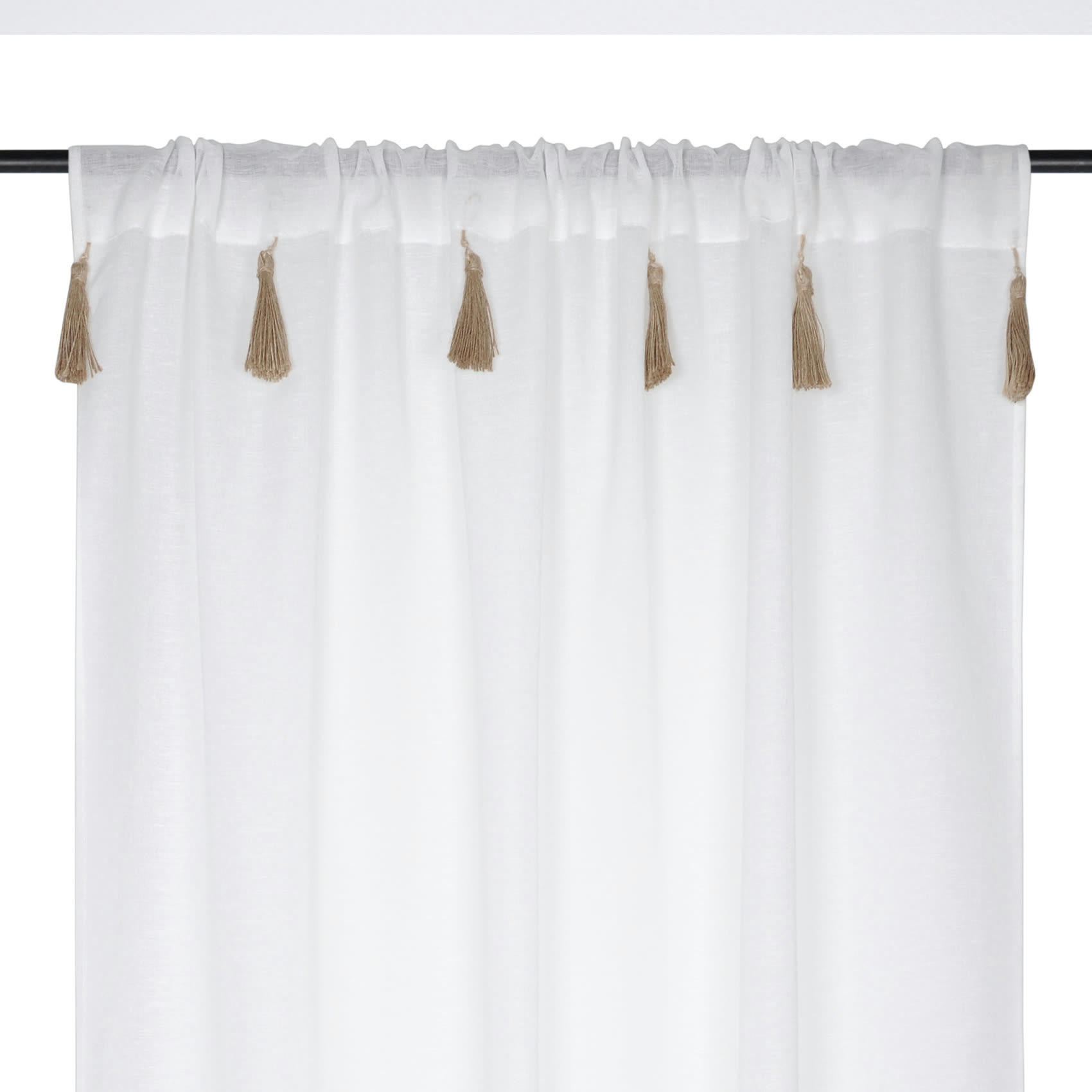 IBIZA - Voilage bohème à pompons en jute polyester écru 260x140cm