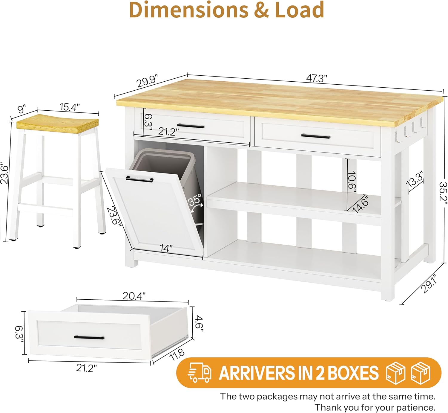 Kitchen Island with Storage and Seating Include 2 Bar Stools, 47 Solid Rubberwood Top Kitchen Island with Trash Can Storage, Power Outlet, 2 Drawers & Open Shelves Cabinet, Dining Table for 2, White
