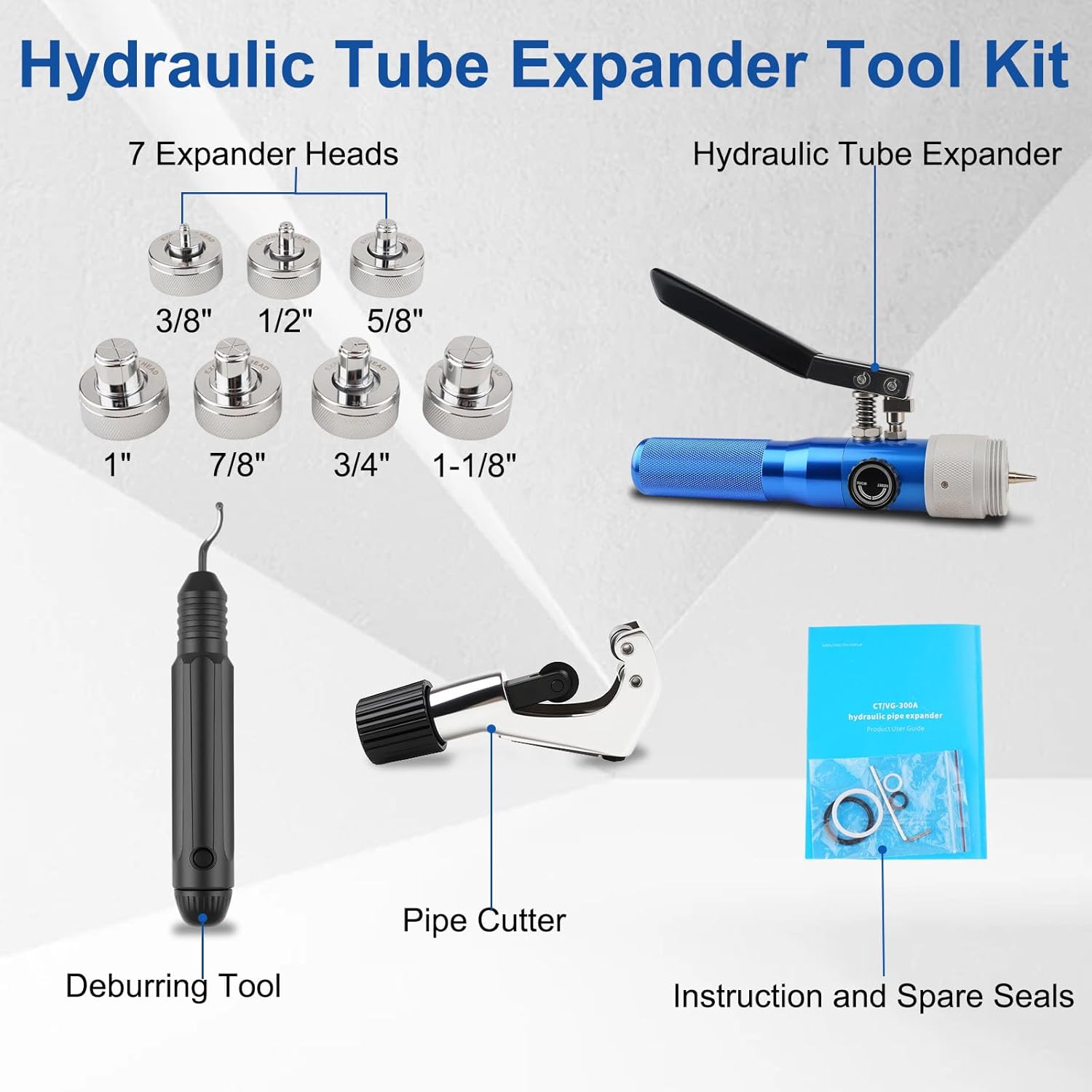 Hydraulic Tube Expander Swaging Tool HVAC Set, 3/8In to 1-1/8In OD Pipe Expander Tools with 7 Expander Heads, Flaring Tool HVAC for Expander Copper/Aluminum/Soft Steel Pipe