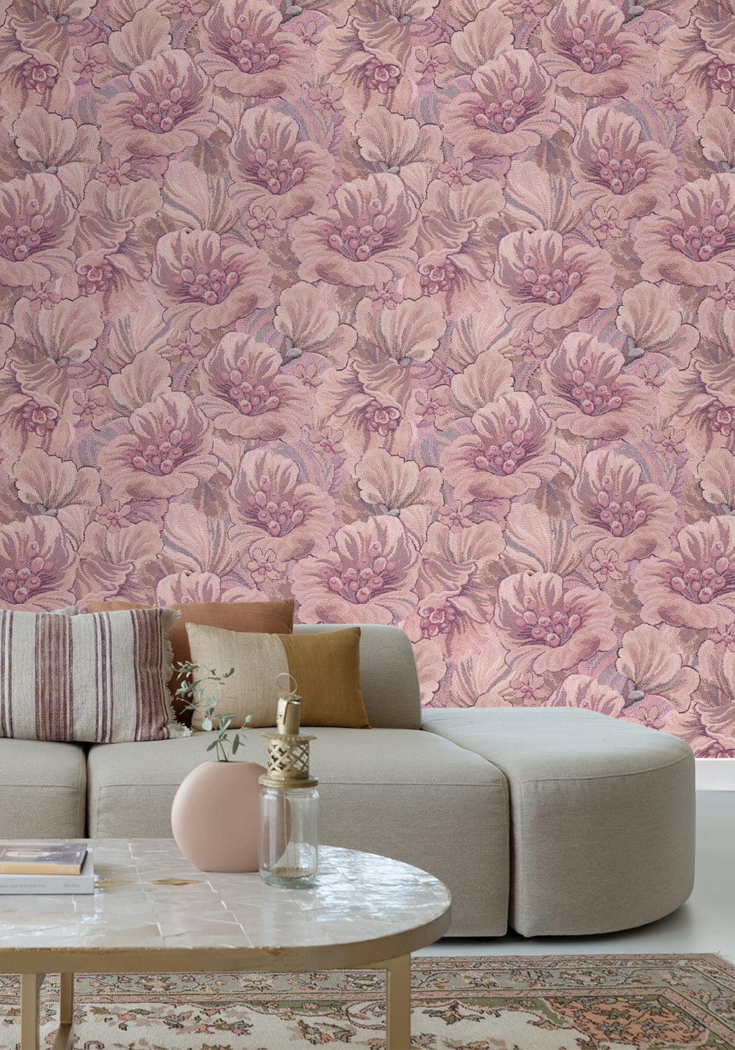 ESTAhome fotobehang geborduurd bloemmotief paars en roze - 2.5 x 2.79 m - 159532