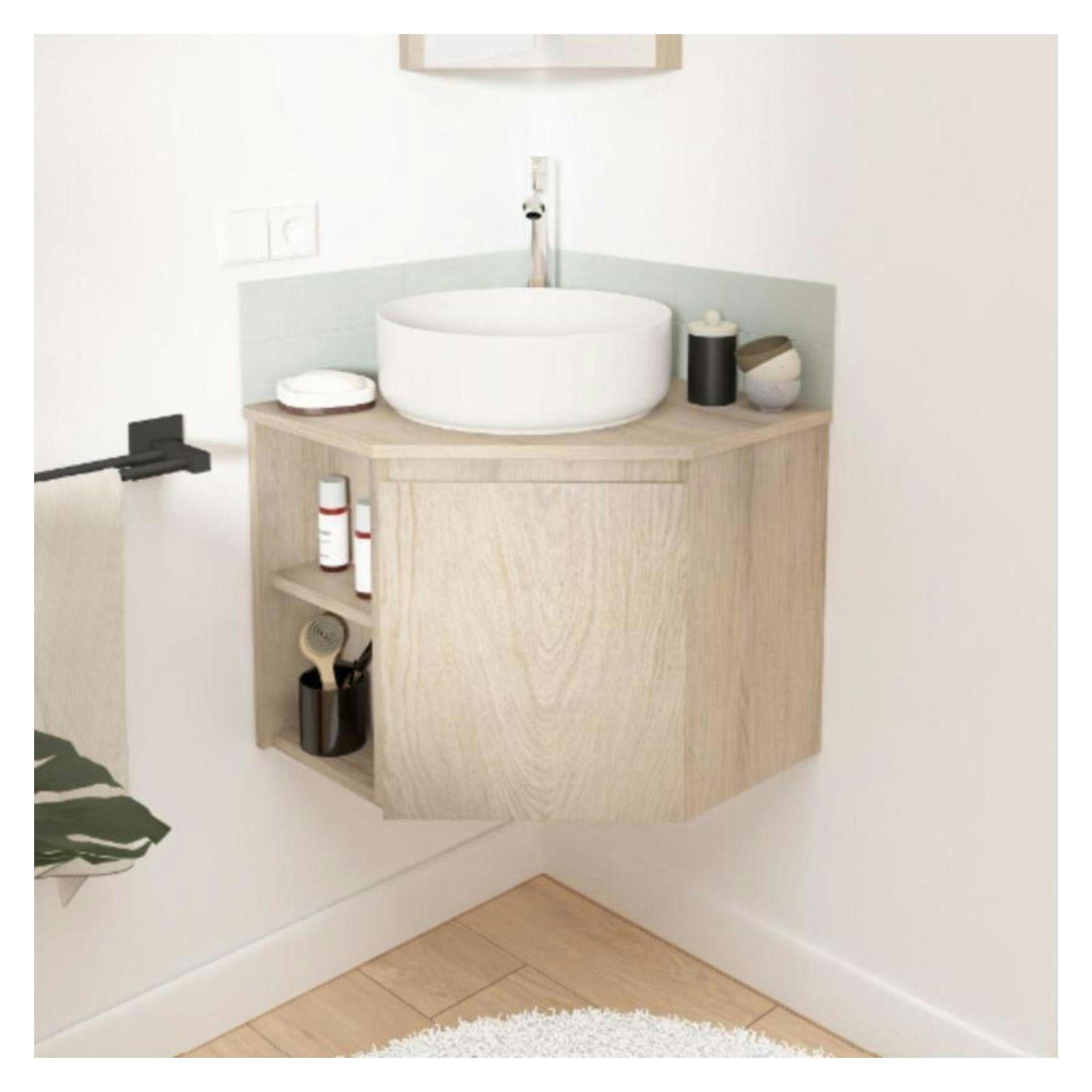 SORRENTO - Meuble simple vasque d'angle décor chêne  + vasque blanche