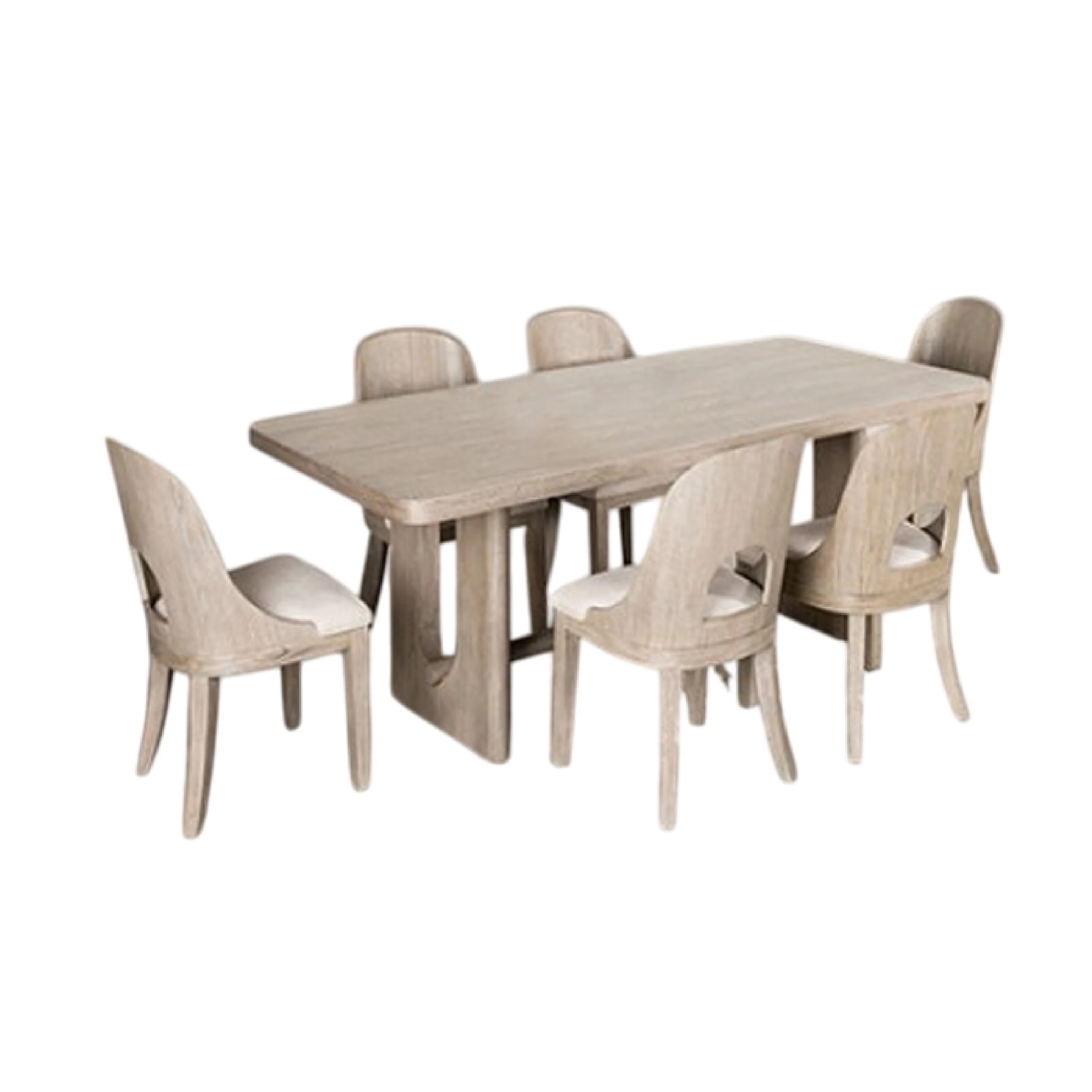 Zoko 7pc Dining Table Set, Polyester Cushion Seats, White Wash Wood