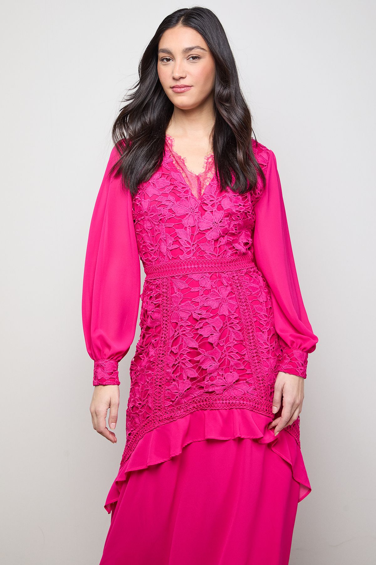 Oasis Lace Puff Sleeve V Neck Midaxi Dress