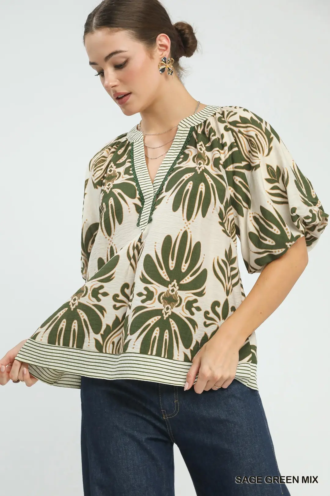 Mix Printed Puff Sleeve Top with Contrast Trim