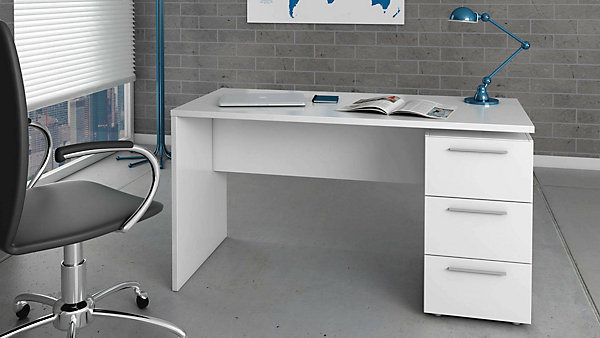 Bureau Alimet, Bureau moderne, Table d'étude avec commode avec 2 tiroirs et 1 porte, 138x60h74 cm, Blanc