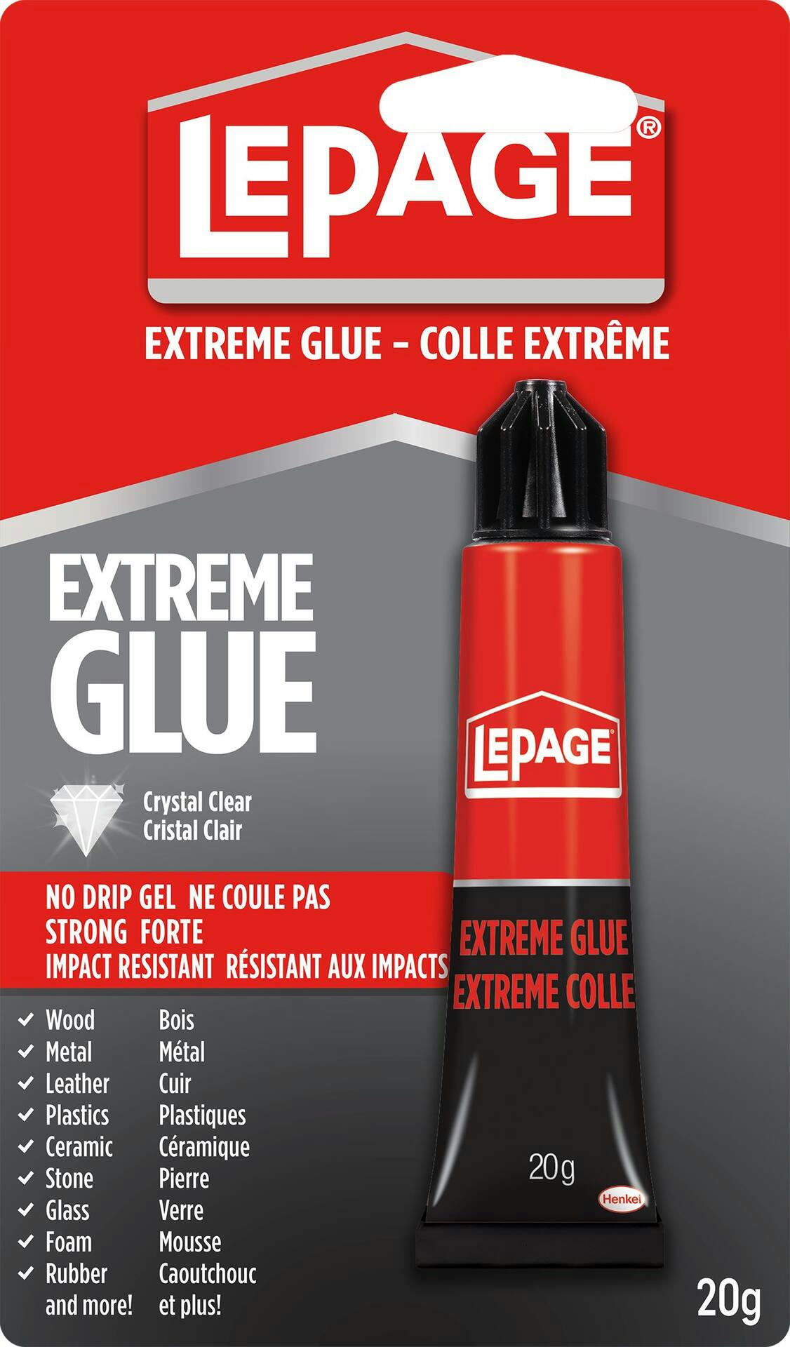 LePage Extreme Glue Multi-Purpose Non-Drip Gel Adhesive, UV & Water-Resistant, Clear, 20-g