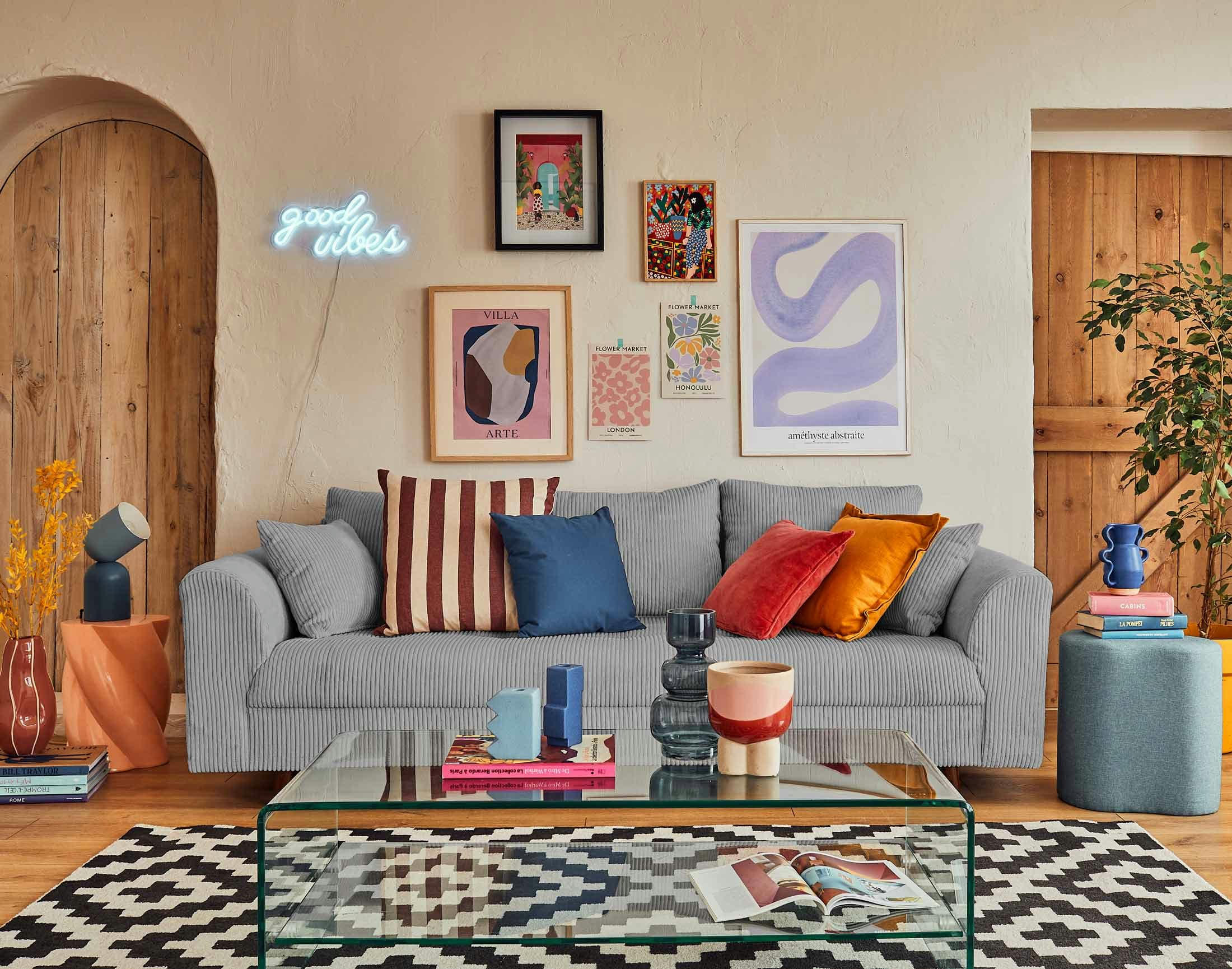 RUNE - Canapé droit 3 places en velours côtelé gris clair