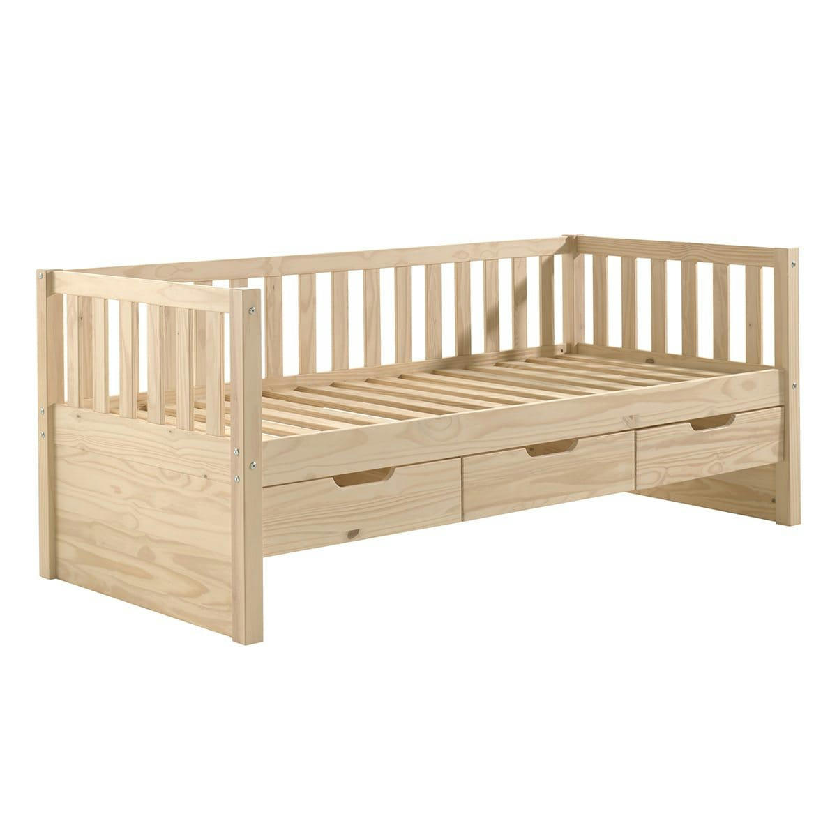 YAX - Lit  banquette 90x200cm à tiroirs en pin naturel