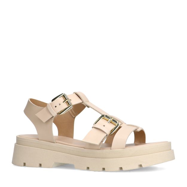 Beige leren plateau sandalen met goudkleurige buckles