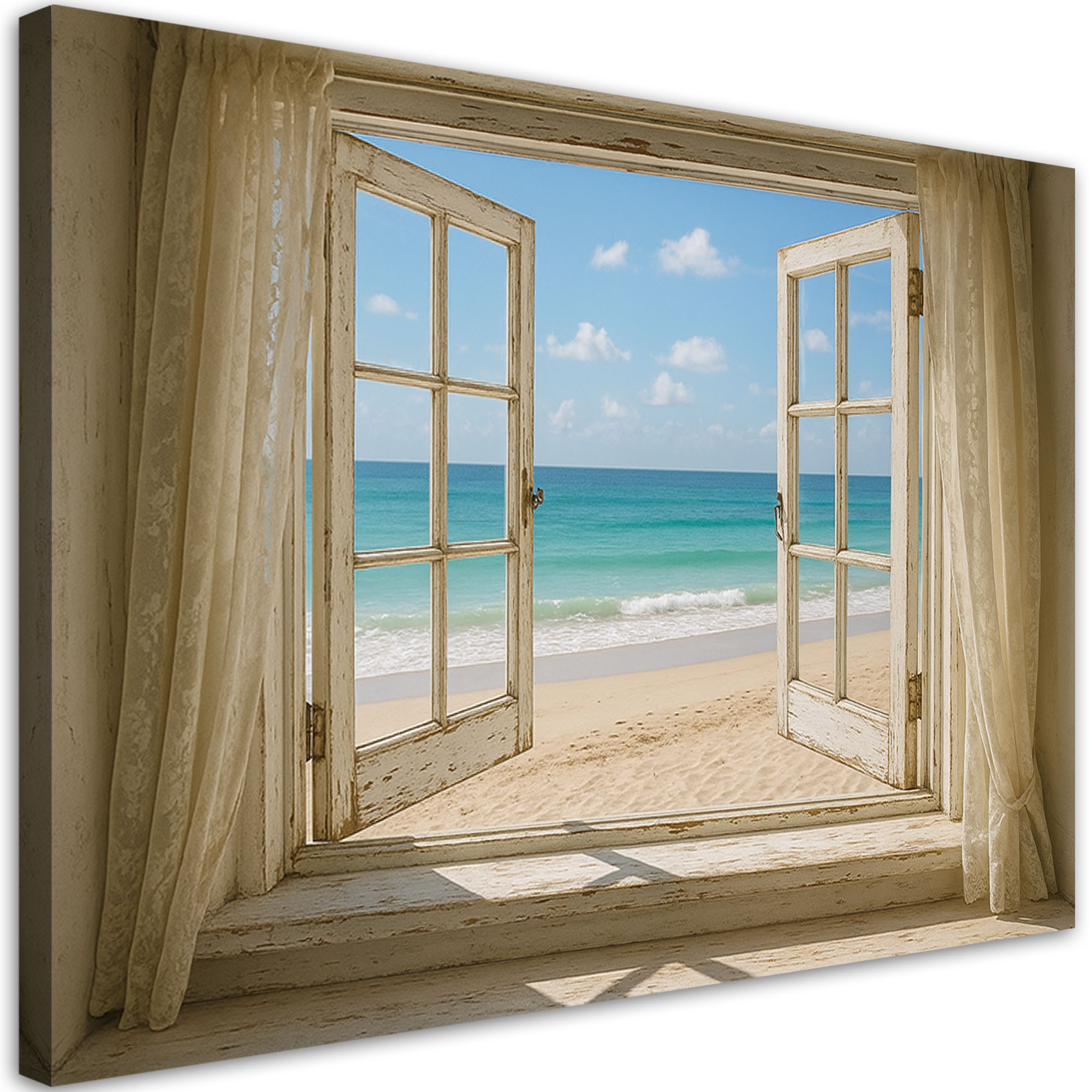 Obraz do salonu sypialni, Widok z okna na plażę Shabby Chic 30x20