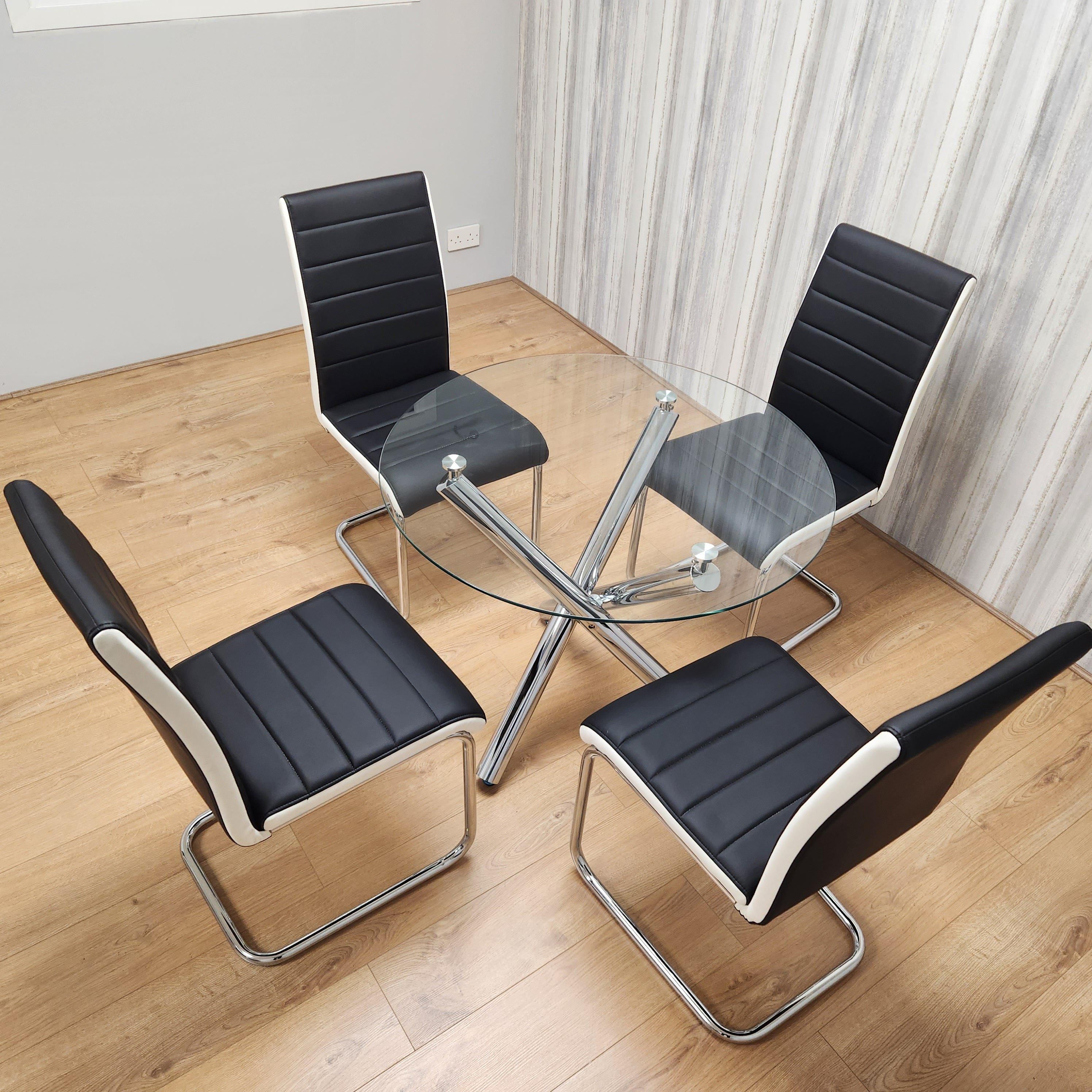 KOSY KOALA Round Chrome Metal and Clear Glass Dining Table and 4 Stylish Black White Faux Leather Dining Chairs Set