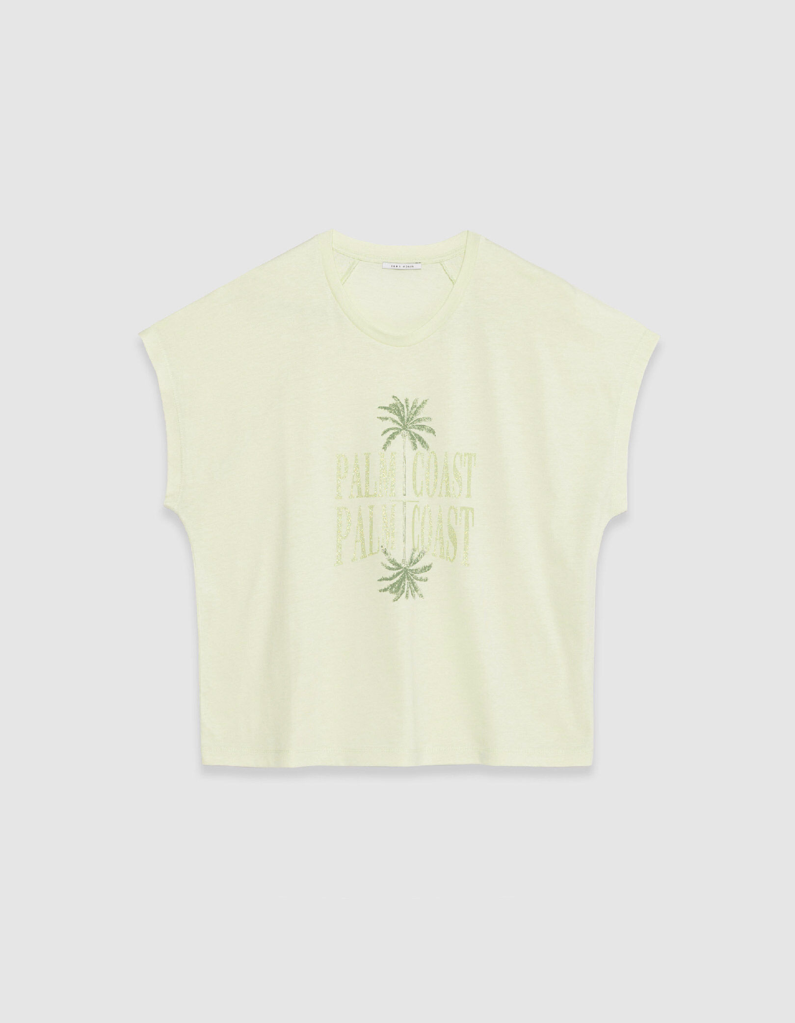 Tee-shirt vert visuels palmiers et message pailleté Femme