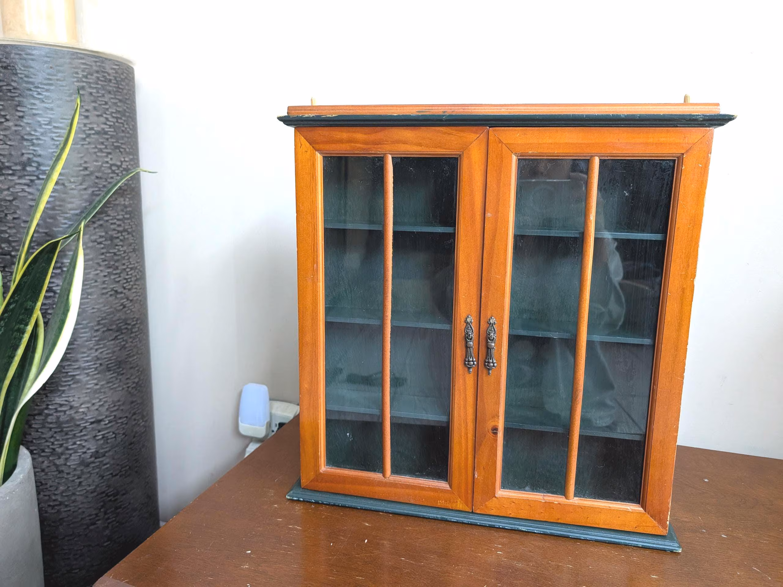 Vintage Wall Curio Cabinet Glass Door Display Case Two-Tone Wood