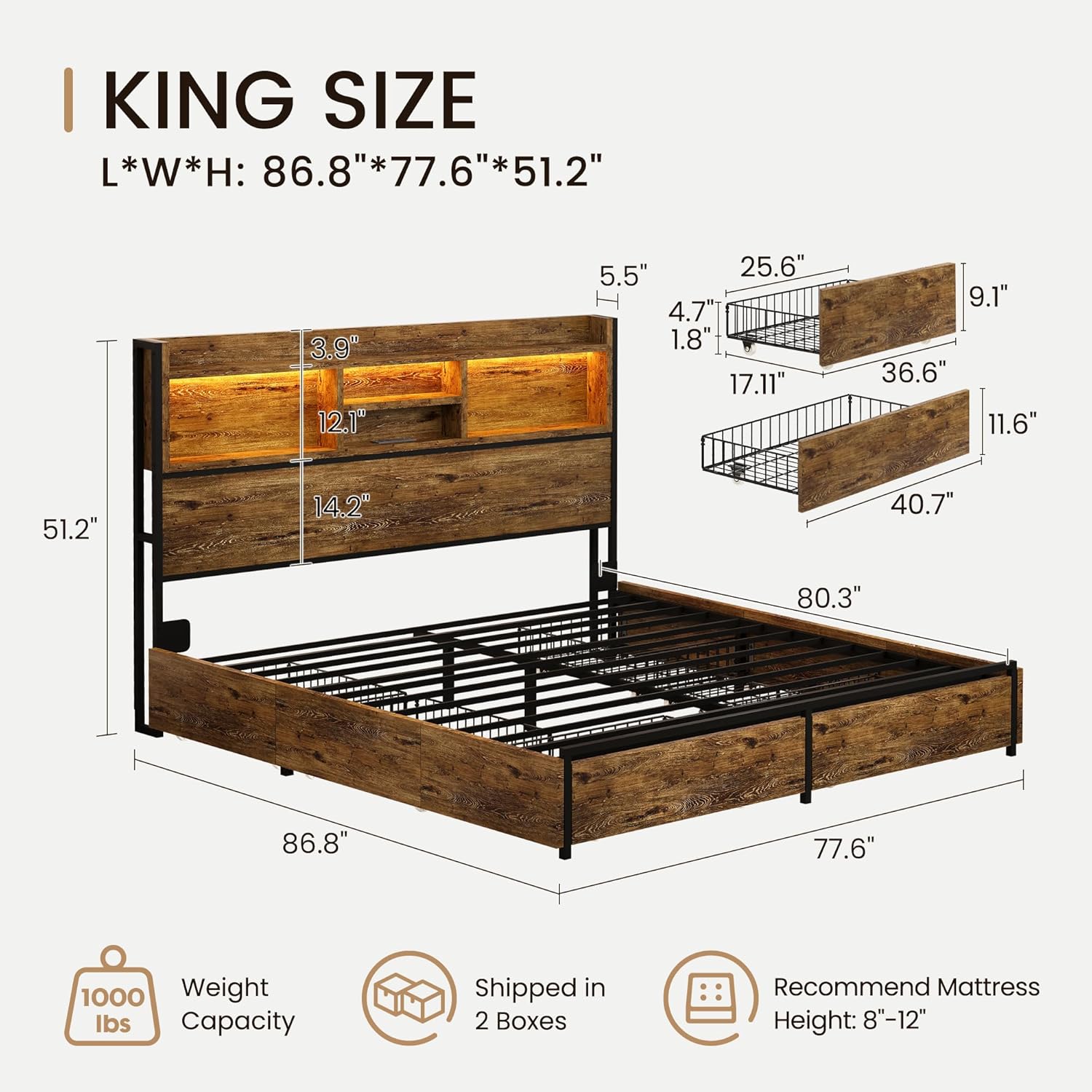 King Storage Bed Frame with 6 Drawers, USB Charging Station, No Noise, No Box Spring Required, Vintage Brown Headboard Platform Bed