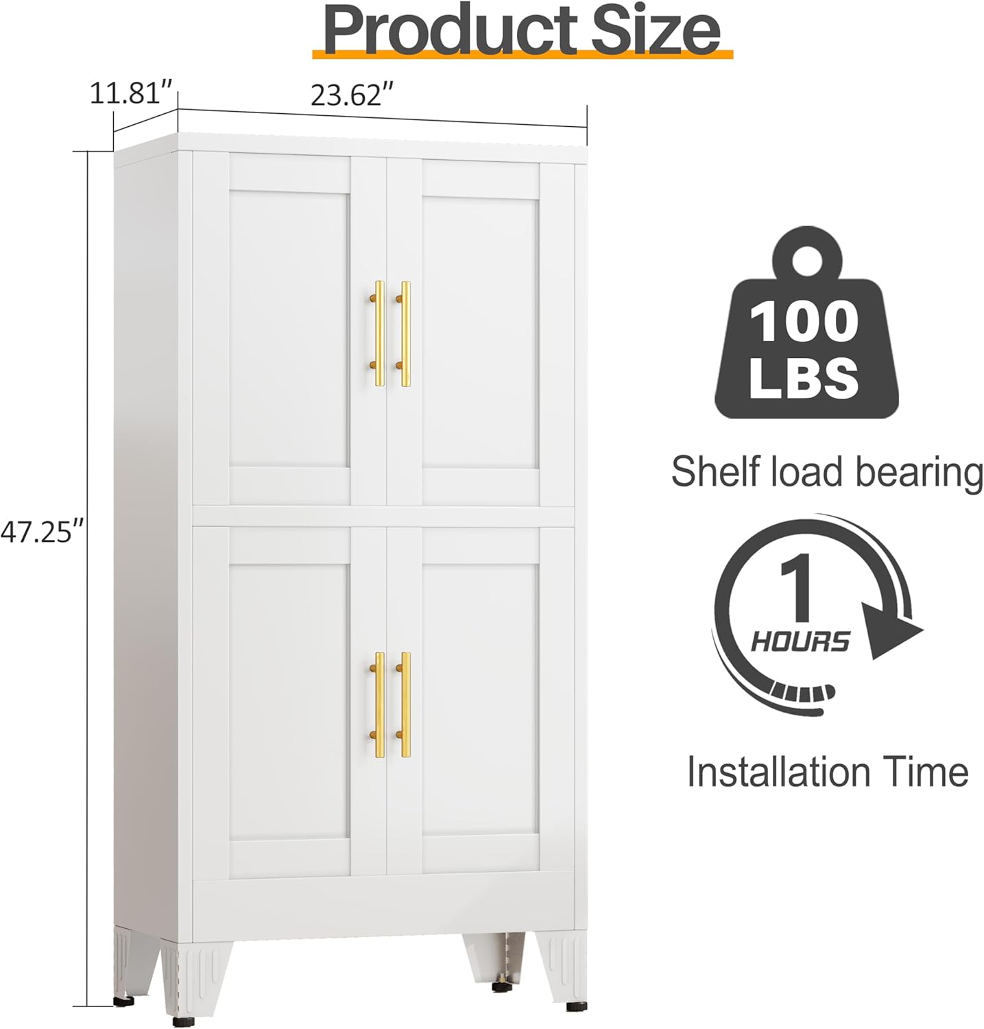 47“H White Metal Bathroom Storage Cabinet, Kitchen Pantry Cabinet with Doors and 3 Adjustable Shelves, Bathroom cabinets Organizer, for Home Office, Bedroom