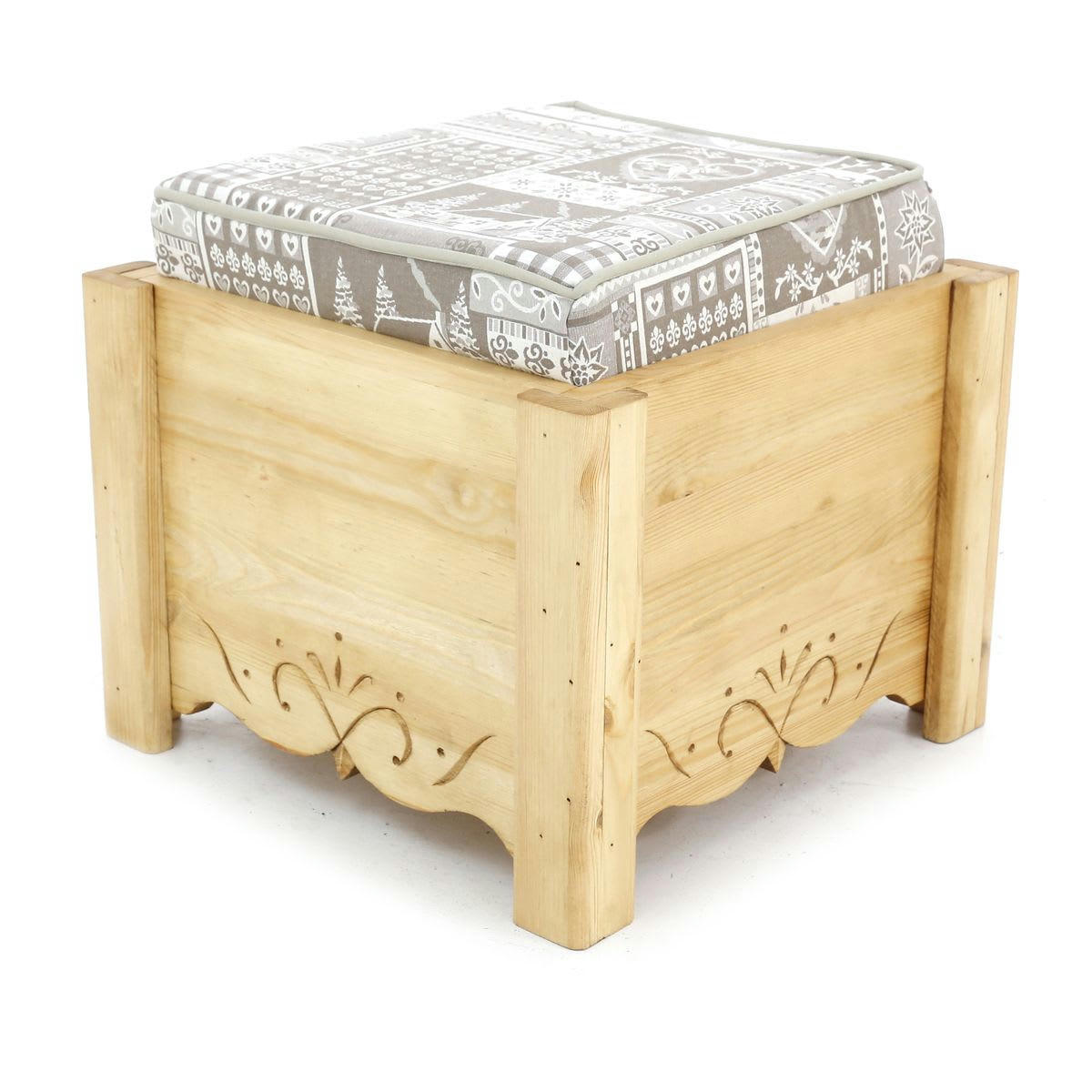DAHU - Pouf coffre de rangement pin massif sculpté Trentino taupe Aspin