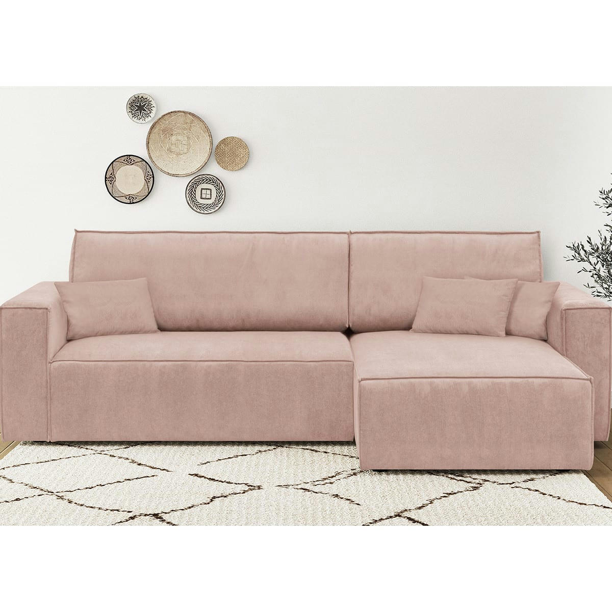 LIVIA NEW - Canapé d'angle convertible 4 places en velours fines côtes rose pâle