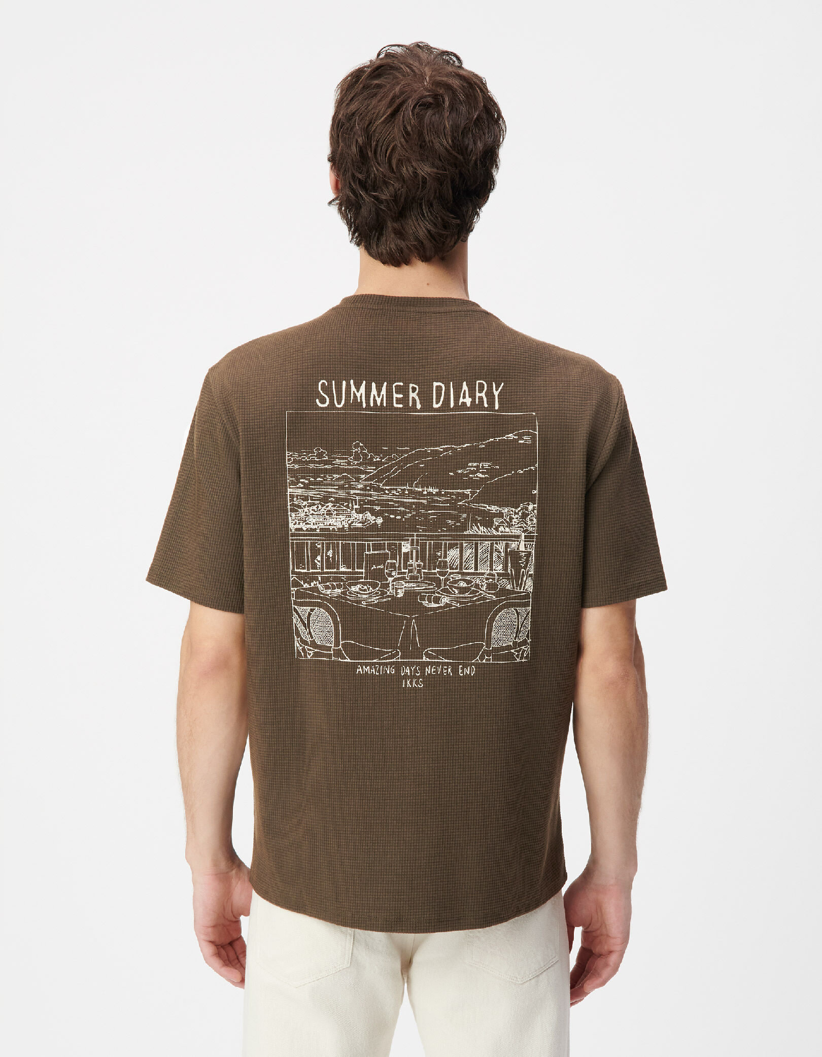 T-shirt col rond kaki nid d'abeille visuel dos Homme
