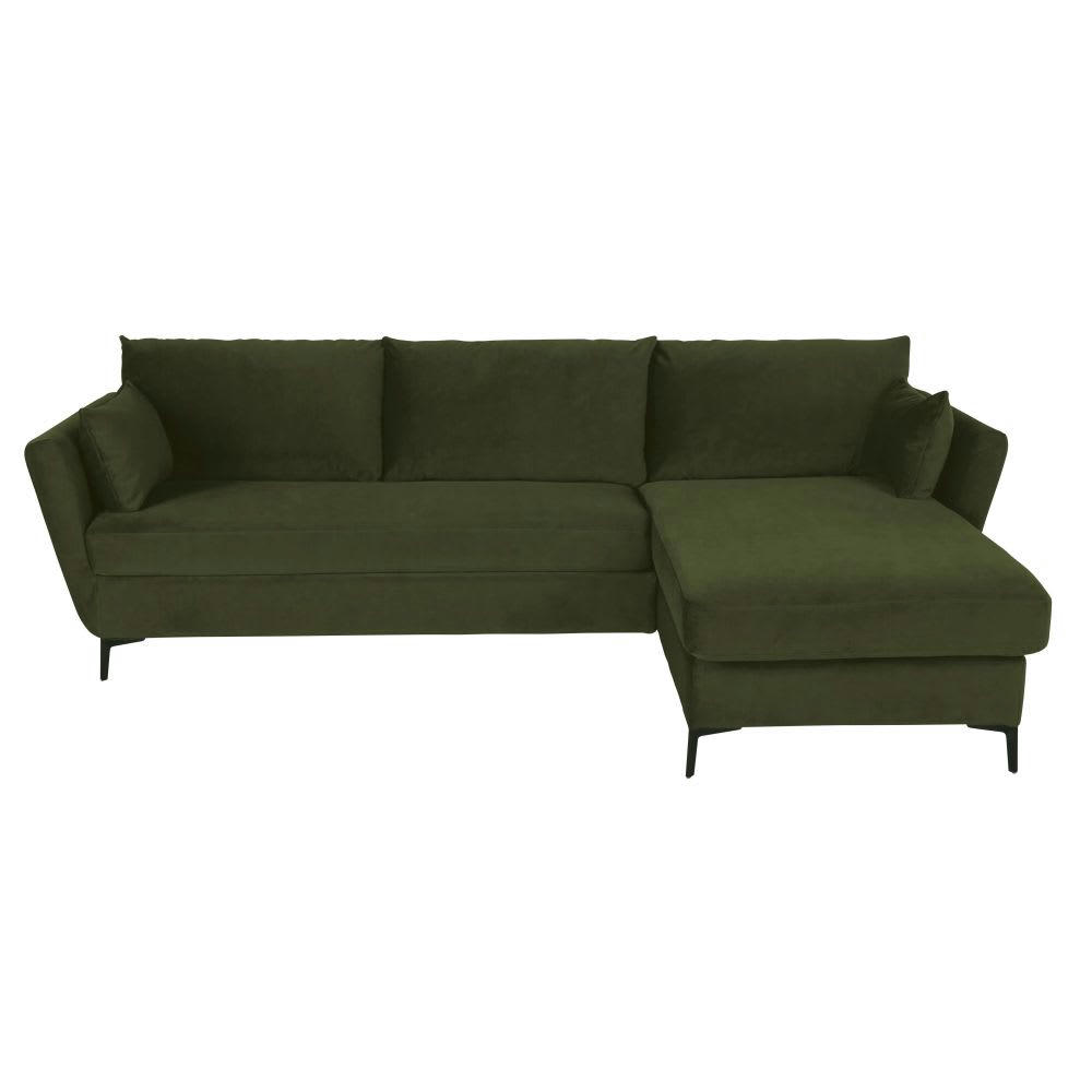 Prague - Canapé d'angle droit convertible 2/3 places en velours vert mousse, matelas 10 cm