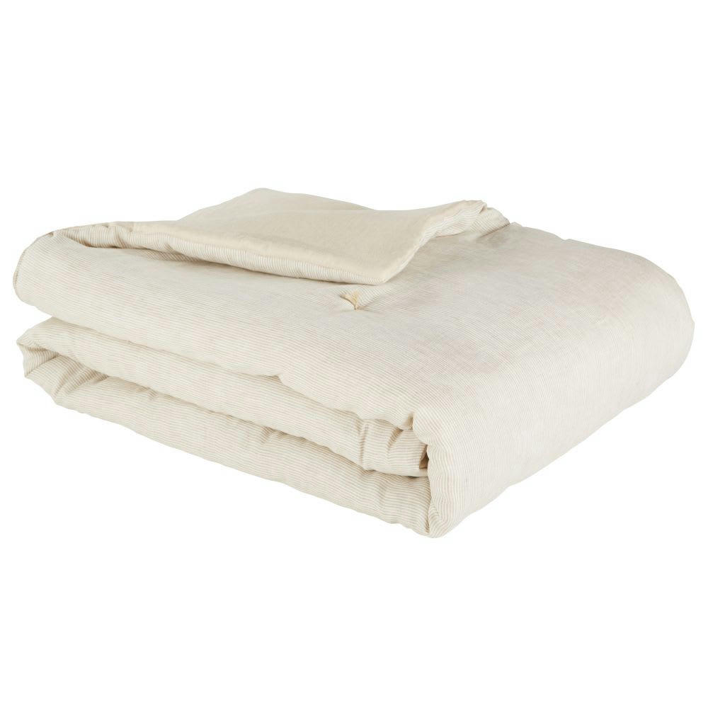 - Boutis en lin lavé motifs à rayures écrues et beiges 100x200