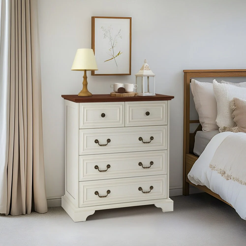 5 Drawer Tall Dressers, Large Storage Dressers Organizer, Decorative Cabinet with Roman Column Handle and Bracket Feet