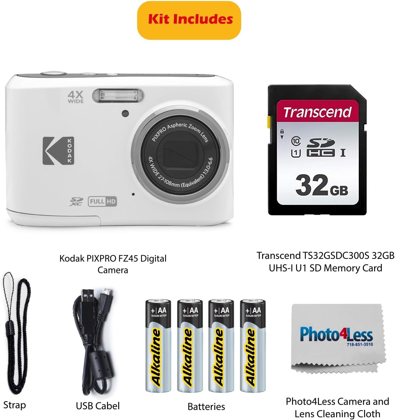 KODAK PIXPRO FZ45 16MP Digital Camera with 4X Optical Zoom 27mm Wide Angle and 2.7 LCD Screen Bundle with 32GB SD Memory Card  AA Batteries (4 Pack)  Lens Cleaning Cloth (White)