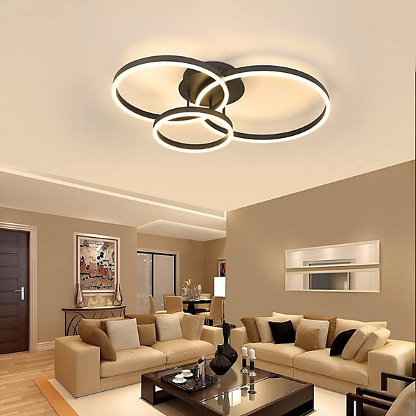 NETTLIFE Lampe plafond LED noire réglable, 82cm, avec télécommande, 74W, design 3 anneaux en acryl