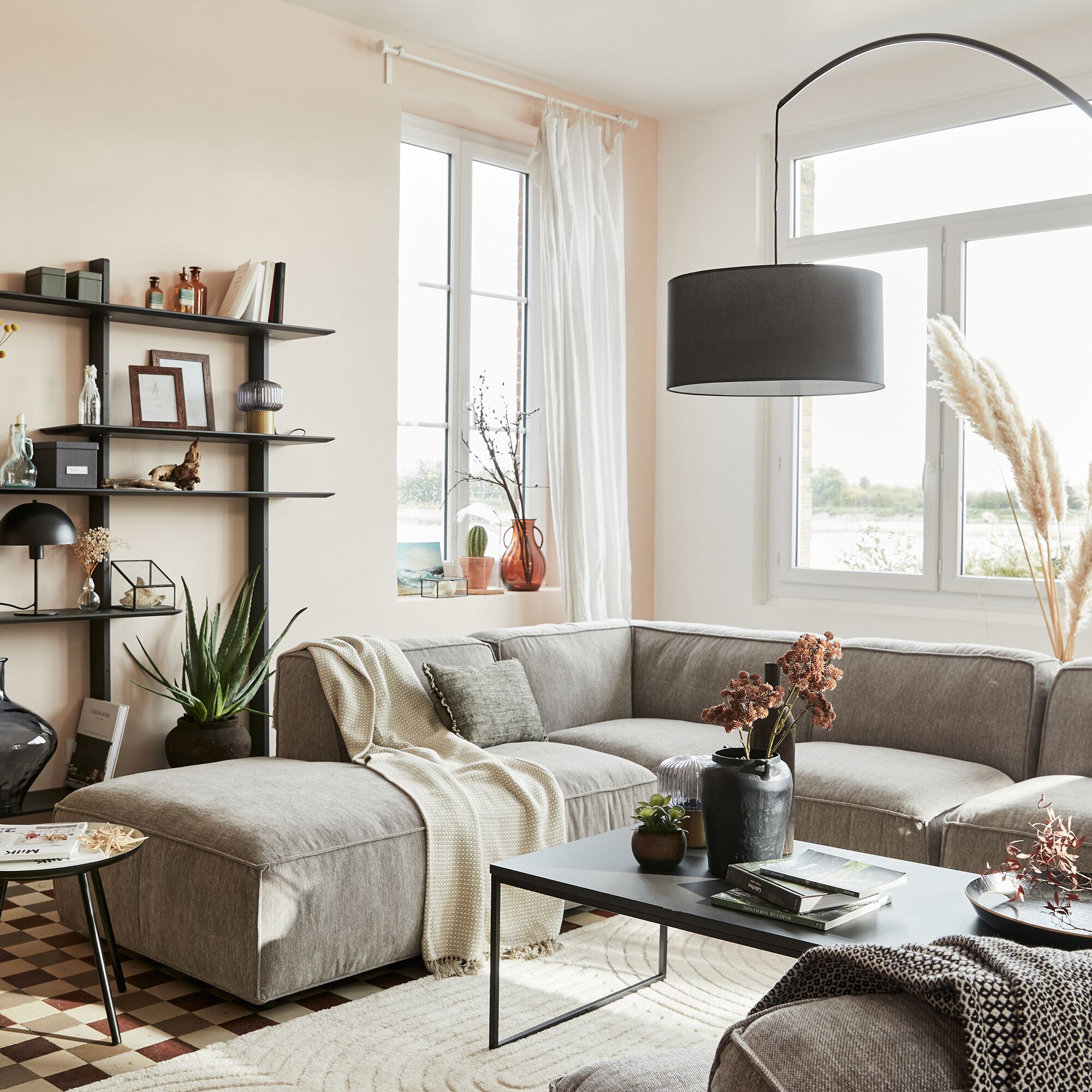 OBRERO - Lampadaire électrifié en acier et coton H215cm - noir