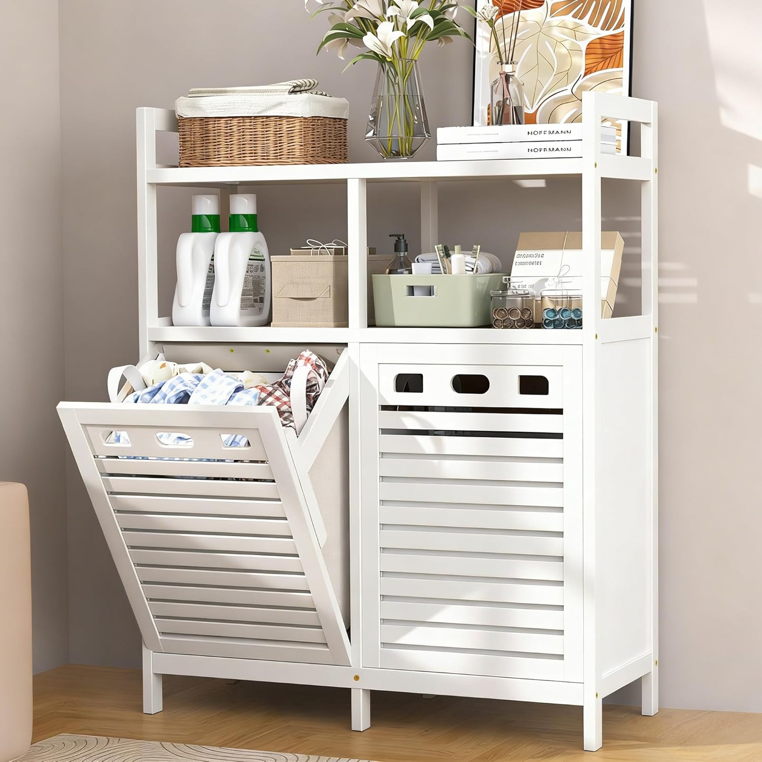 VASMIA Tilt Out Laundry Hamper Cabinet, Bamboo Double Laundry Hamper with 2 Removable Laundry Baskets, 20 Gal Laundry Sorter Organizer with Shelf for Dirty Clothes, Bathroom, Laundry Room, White