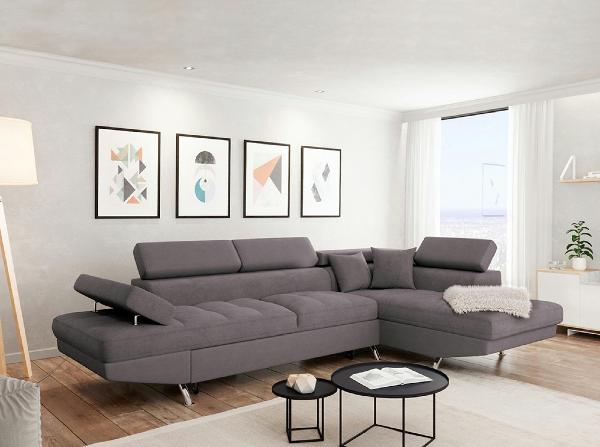 RIO - Canapé d'angle droit convertible avec coffre en microfibre grise