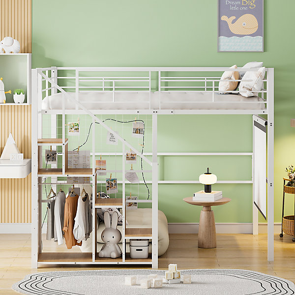 Lit Mezzanine 140x200 cm - Lit enfant en Métal Blanc avec échelle de Sécurité et Rangement Intégré, Sans Matelas