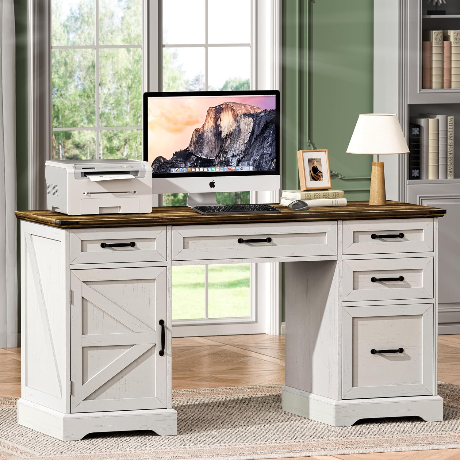 58 Farmhouse Executive Desk Modern Computer Desk with Drawers and File Cabinet Wooden Office Desk for Home Office Workspace with Storage for Working, Studying, Writing (Antique White)