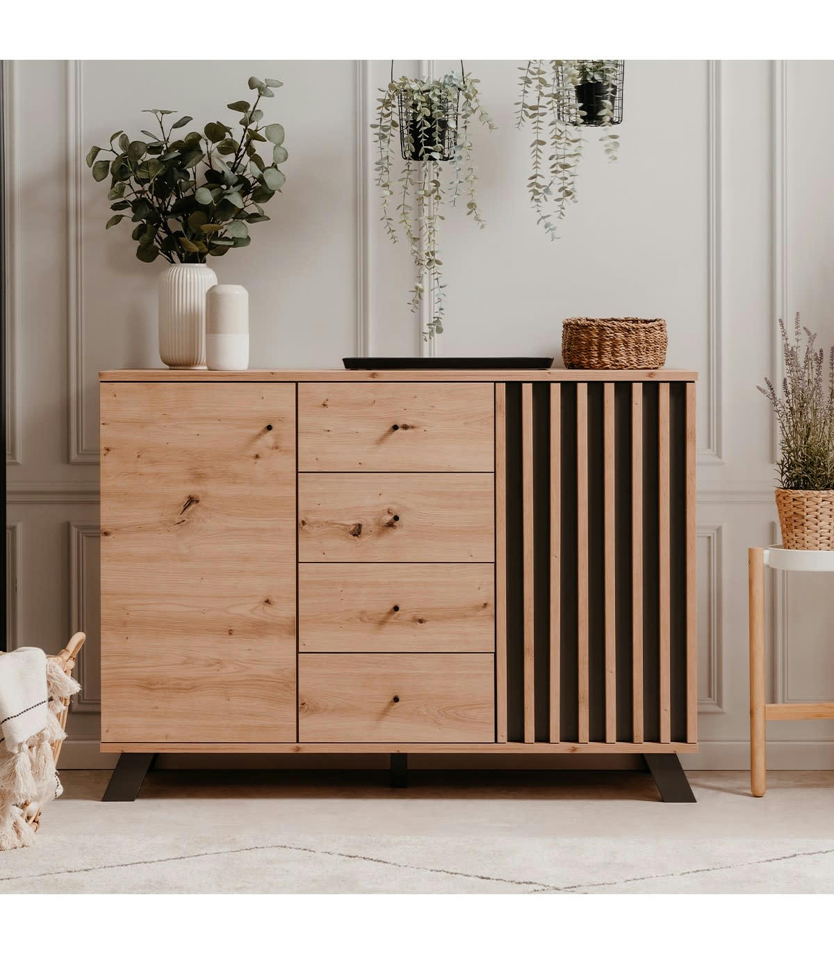 LUBLIN - Buffet 2 portes et 4 tiroirs effet bois - L118 x H85 cm