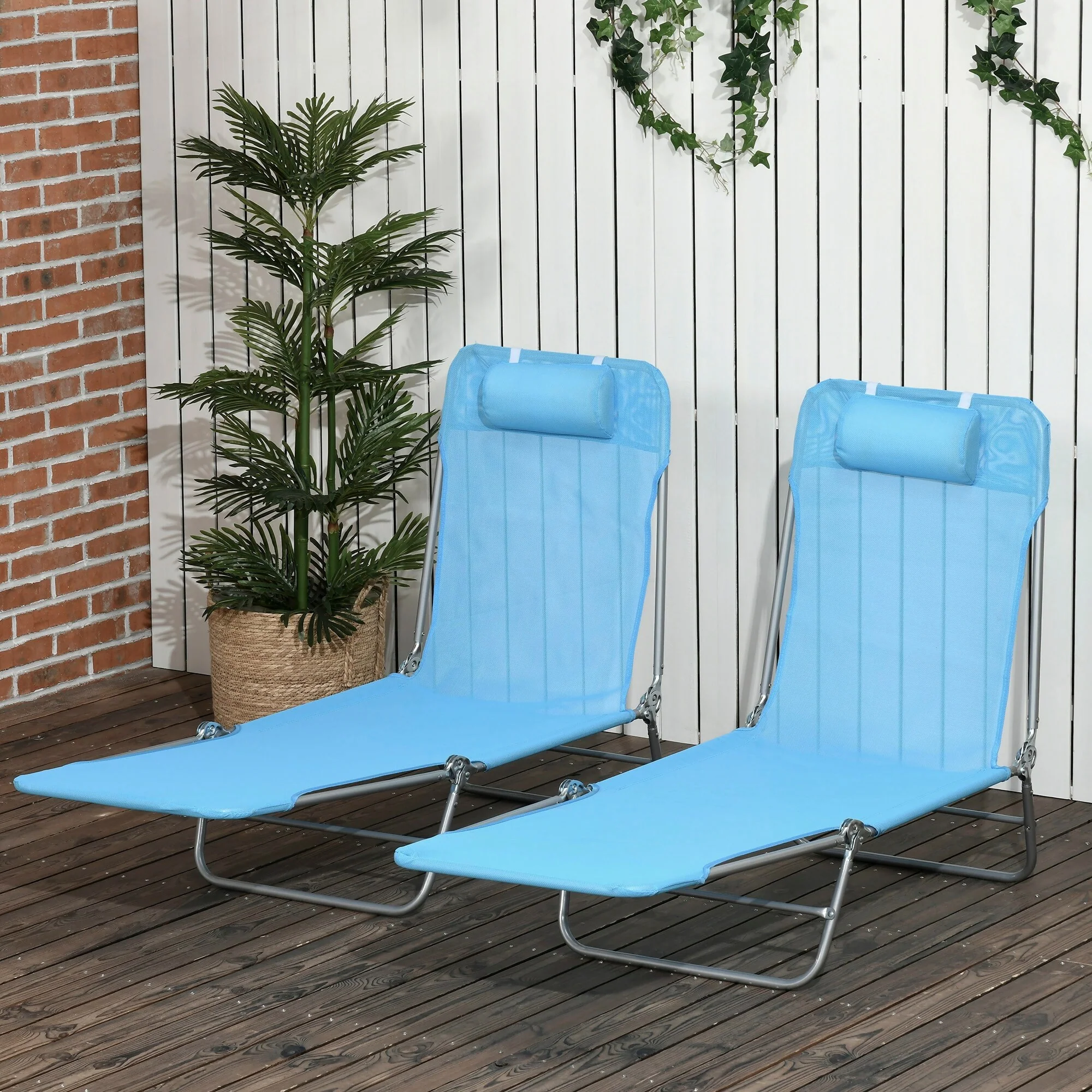 Outsunny Folding Chaise Lounge Pool Chairs, Set of 2 Outdoor Sun Tanning Chairs with Pillow, Six-Position Reclining Back