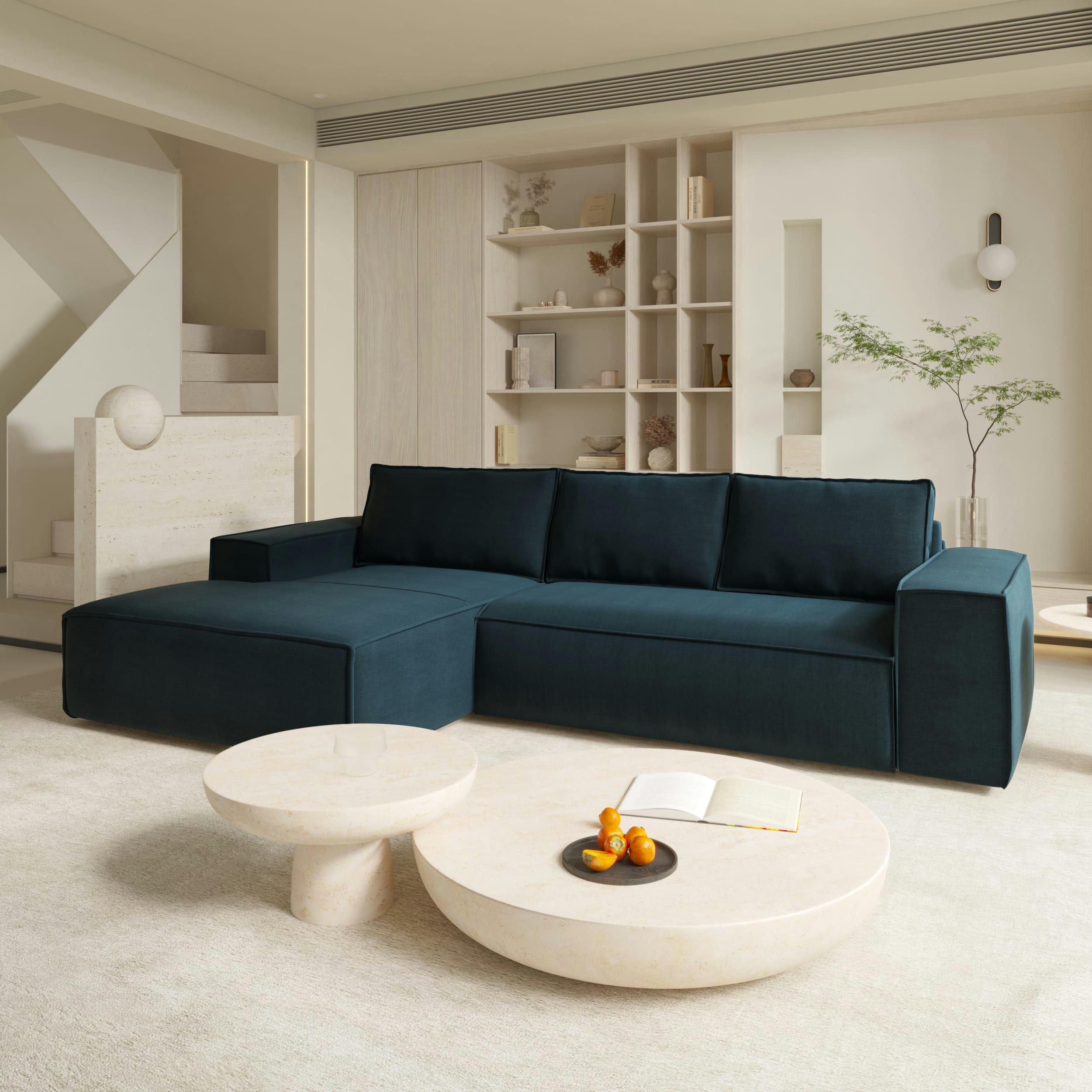 JOAN - Canapé convertible angle gauche dunlopillo velours bleu paon 140cm